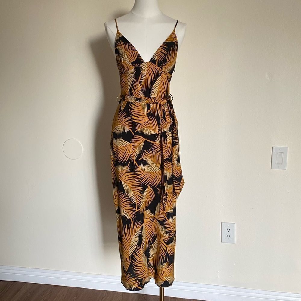 Shona Joy Golden Yellow & Black Phoenix Tropical Leaf Print Dress Size 2 - Picture 2 of 12
